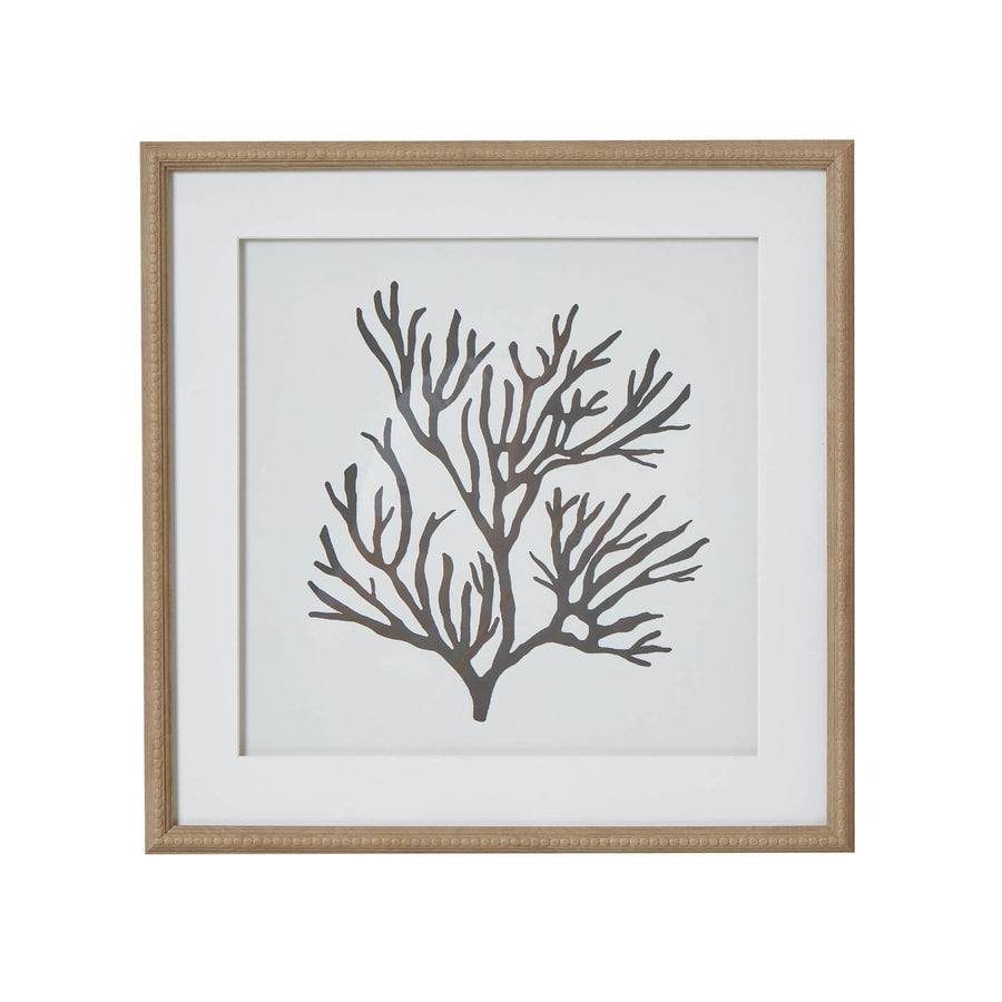 Black coral silhouette artwork on white, framed in natural wood with beaded detailing, 40cm coastal wall decor by Sostter at brixbailey.com