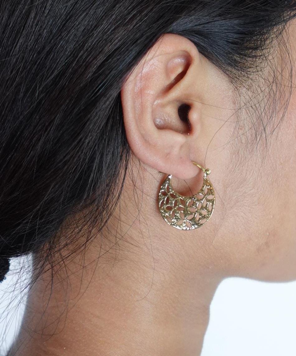 Celeste Cutout Mini Hoops - Lightweight Brass Hoops with Floral Cut-Pattern.