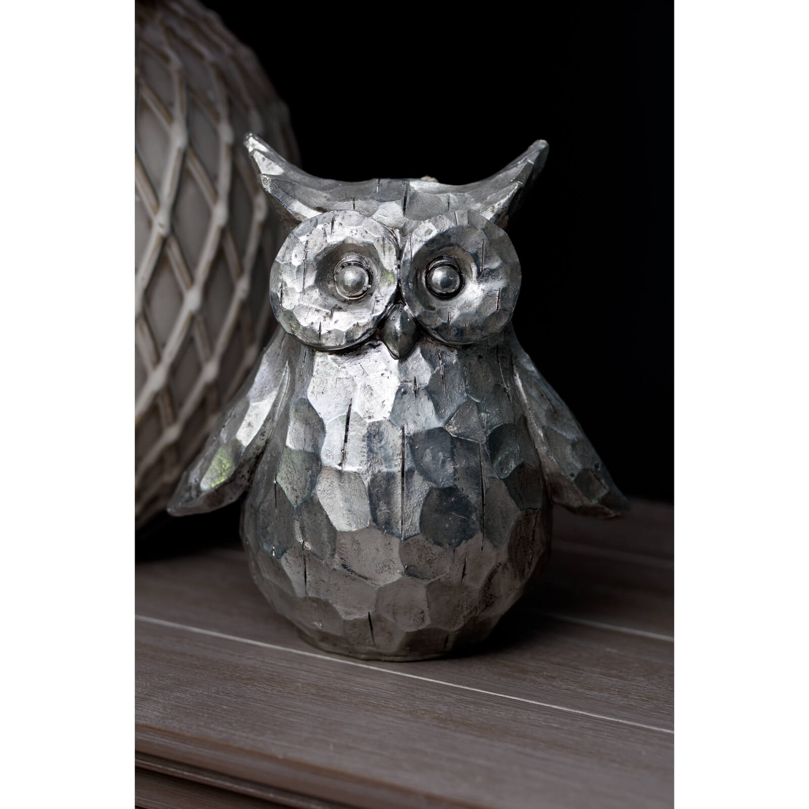Handcrafted silver ceramic owl decor with textured feathers, 23cm tall, elegant centerpiece for shelves or mantels. by RoomLondon at brixbailey.com