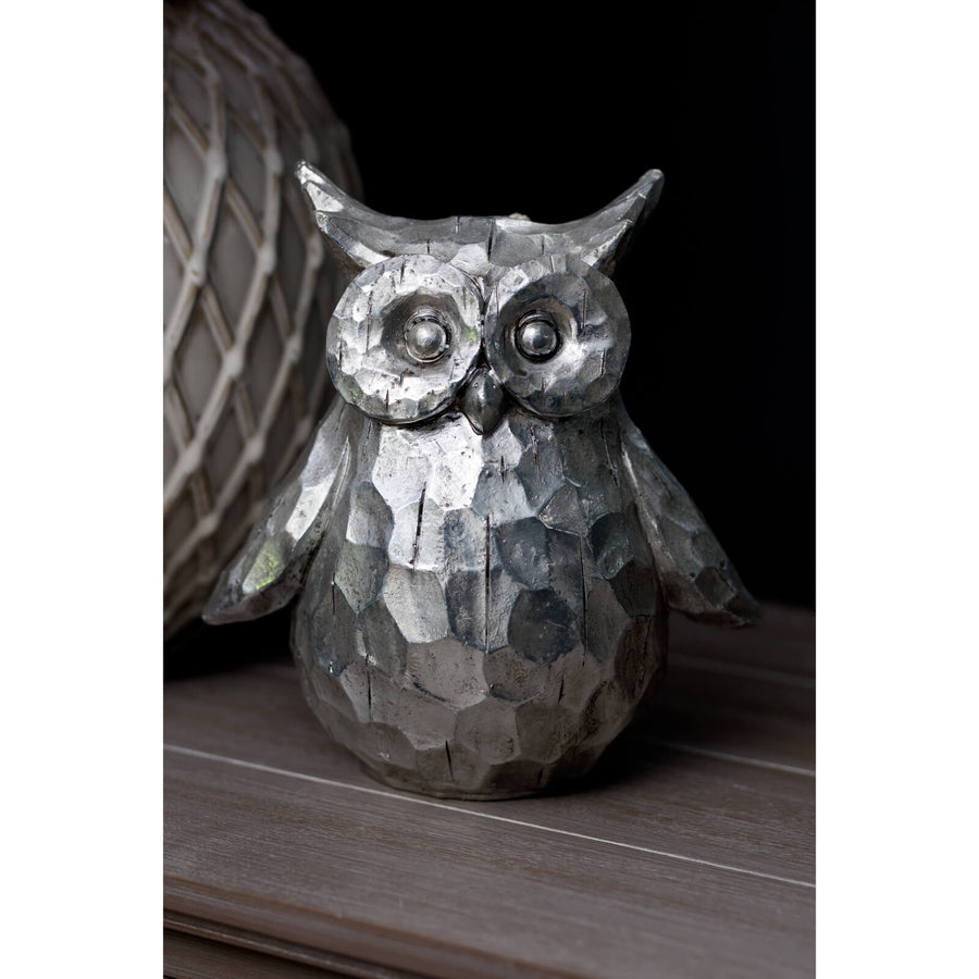 Handcrafted silver ceramic owl decor with textured feathers, 23cm tall, elegant centerpiece for shelves or mantels. by Sostter at brixbailey.com