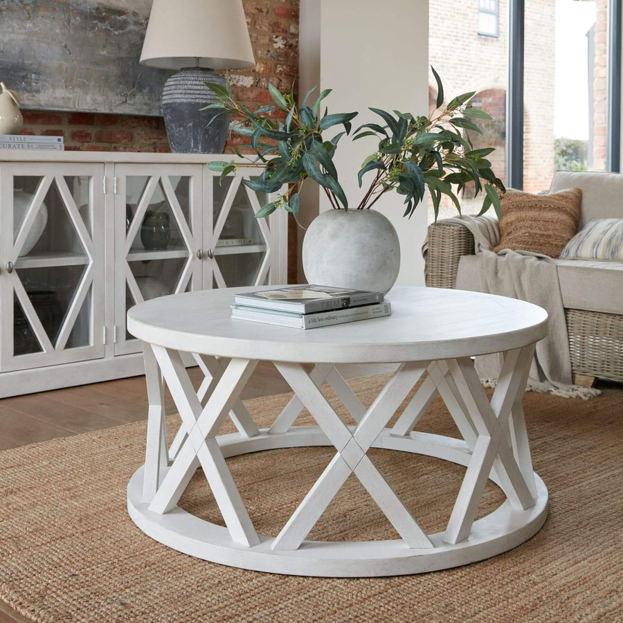 Distressed white pine round coffee table with lattice pattern, rustic-modern design, 100cm diameter by Sostter at brixbailey.com