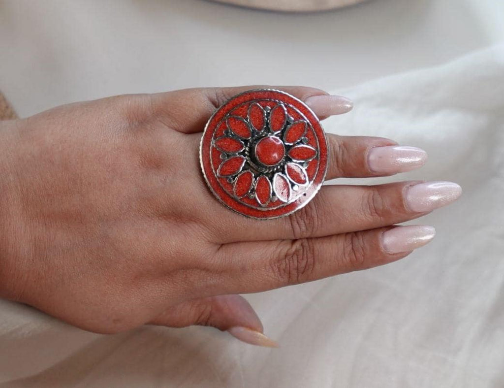 Boho Mandala Statement Rings – Handcrafted Tribal Inlay in Turquoise, Coral & Lapis.