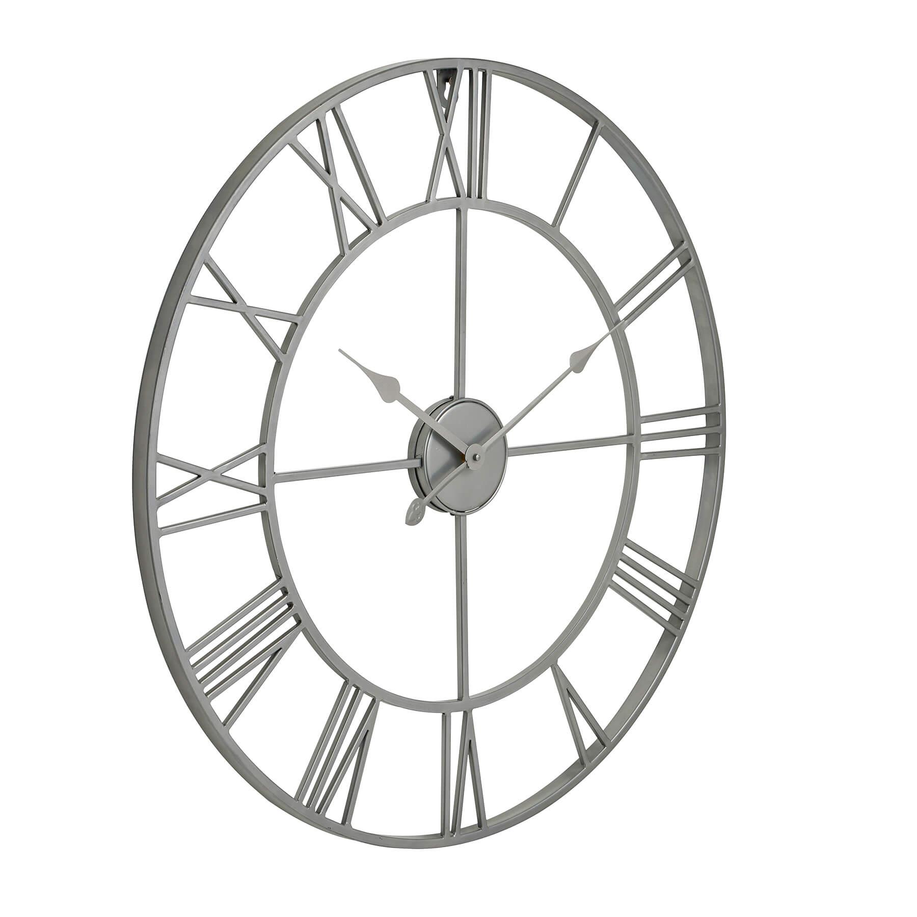 Silver skeleton wall clock with exposed mechanics, 70cm diameter, modern metal design for home or office decor by Sostter at brixbailey.com