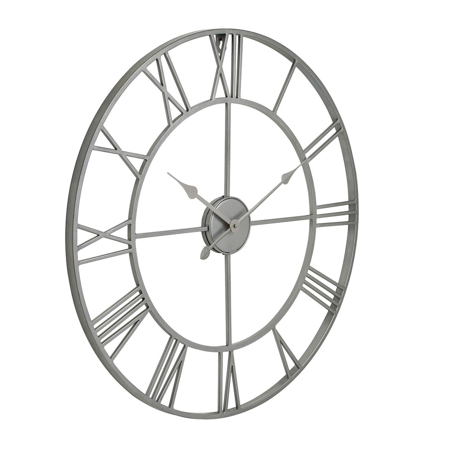 Silver skeleton wall clock with exposed mechanics, 70cm diameter, modern metal design for home or office decor by Sostter at brixbailey.com