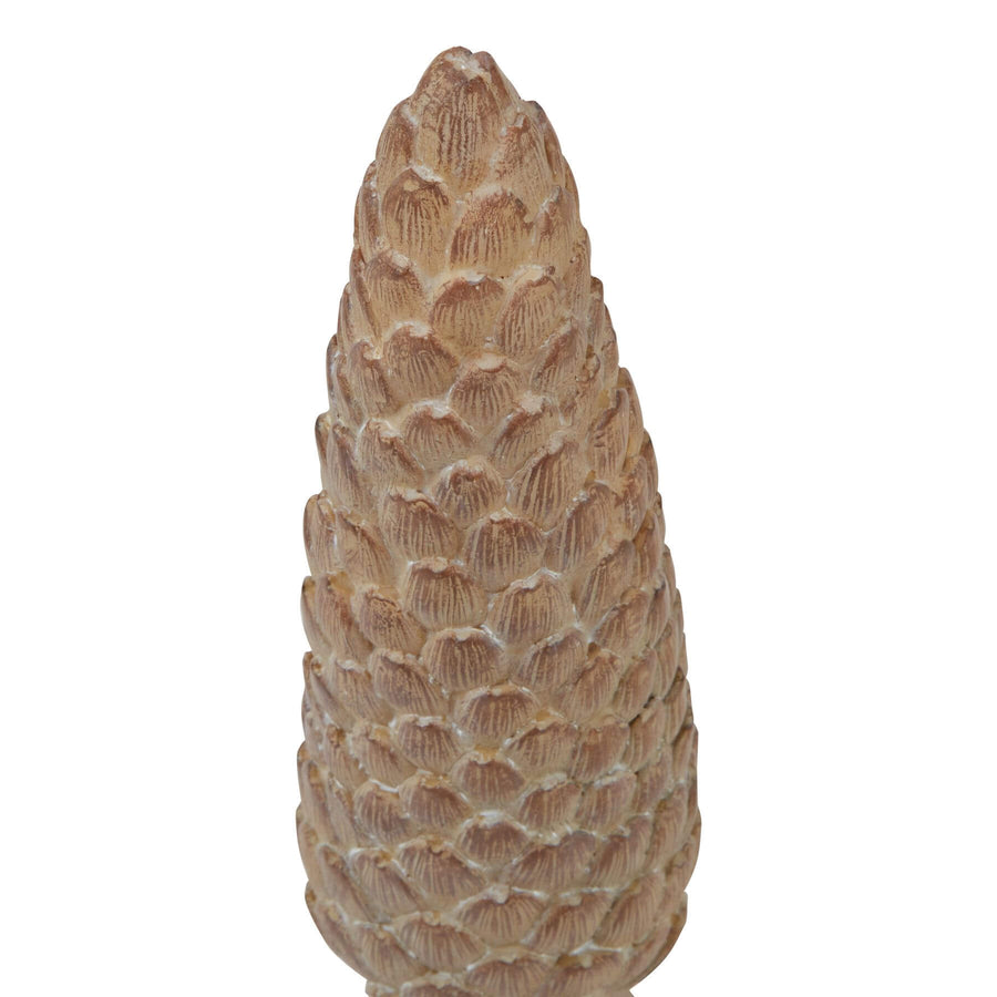 Handcrafted oversized pinecone sculpture in brown resin, 36cm tall, with intricate natural details for home decor. by Sostter at brixbailey.com