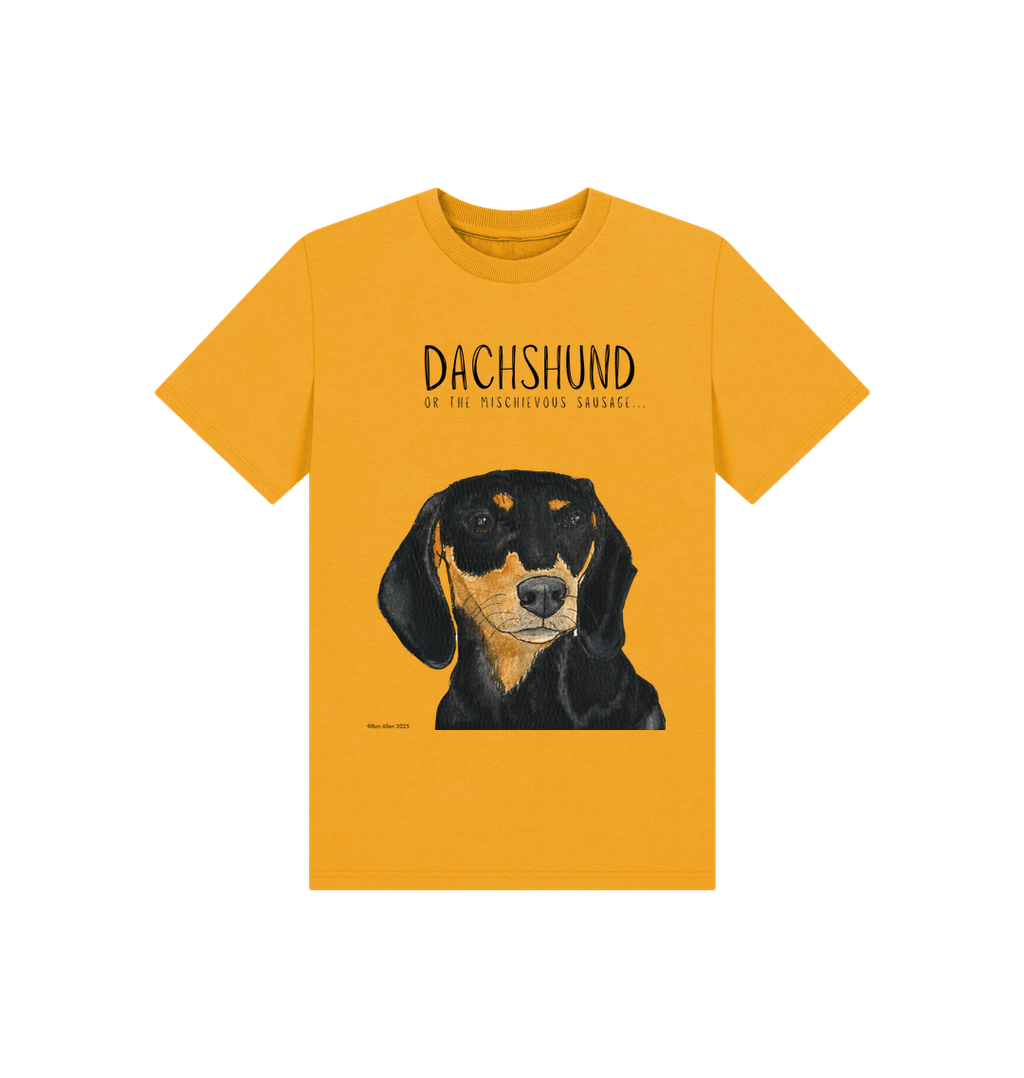 Mischievous Black & Tan Hot Dog Kids' T-Shirt – Small Pup, Big Attitude!