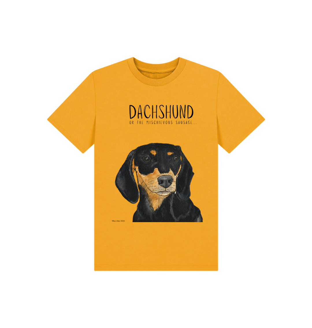 Mischievous Black & Tan Hot Dog Kids' T-Shirt – Small Pup, Big Attitude!