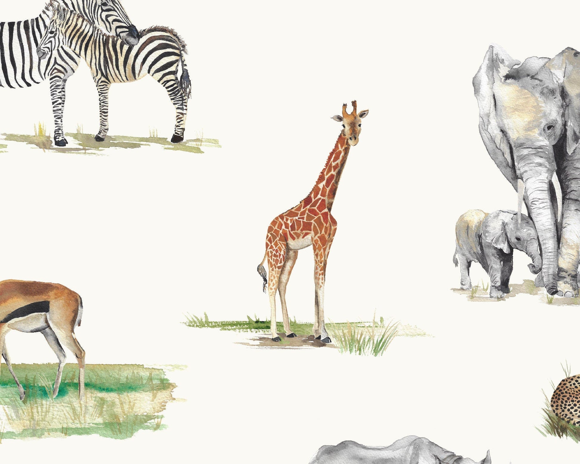 Safari Animals Hand-Designed Children's Wallpaper - Blue, Cream and Grey Colour Options