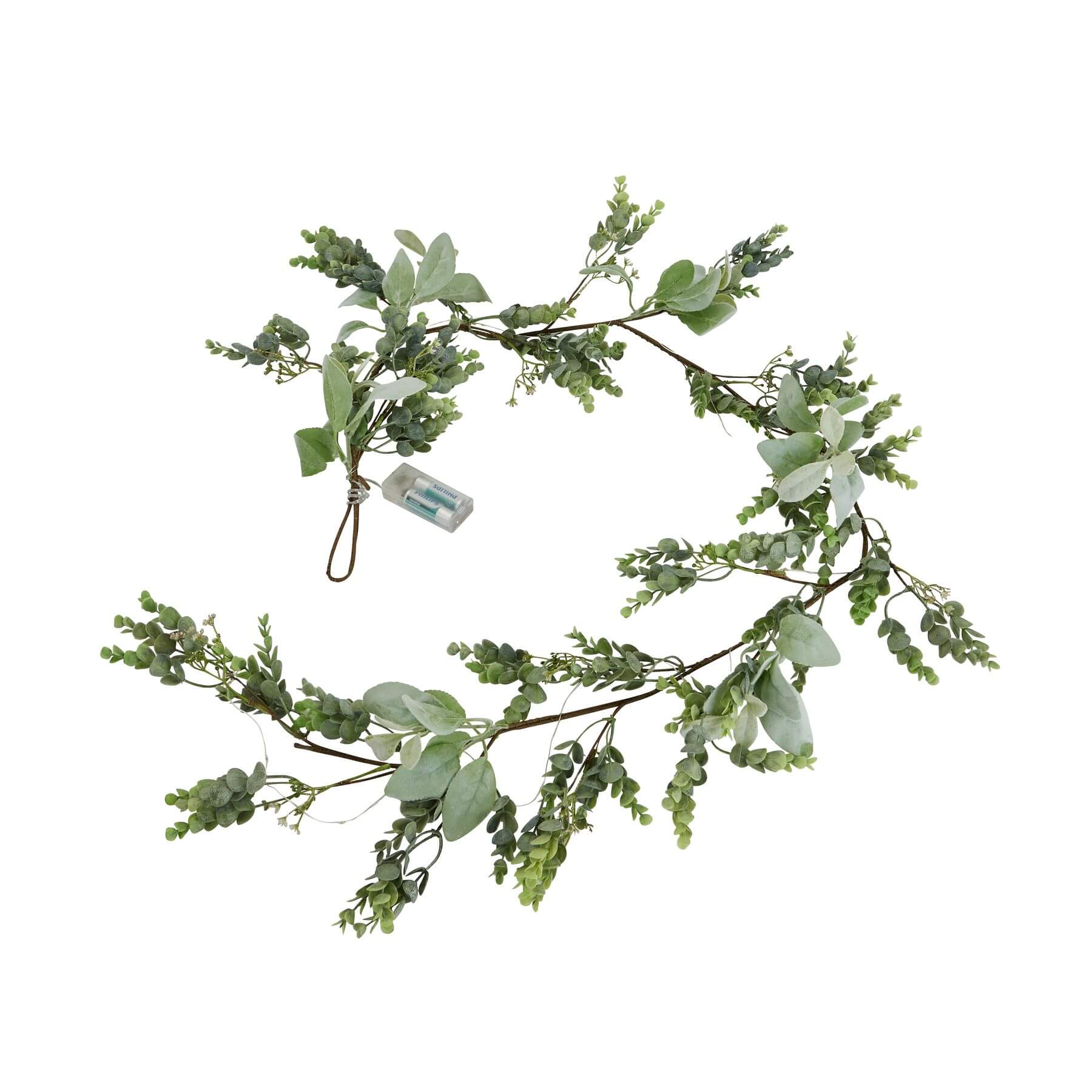 Frosted eucalyptus LED garland with silvery leaves and soft white lights, 5 feet long, for winter home decor by Sostter at brixbailey.com