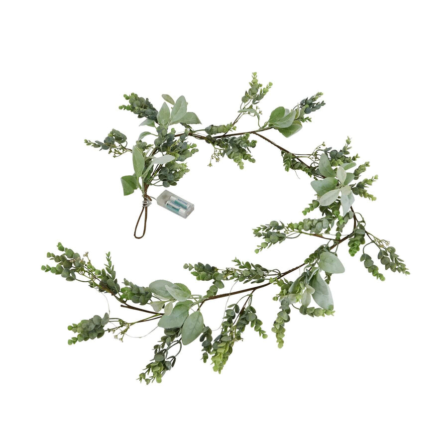 Frosted eucalyptus LED garland with silvery leaves and soft white lights, 5 feet long, for winter home decor by Sostter at brixbailey.com