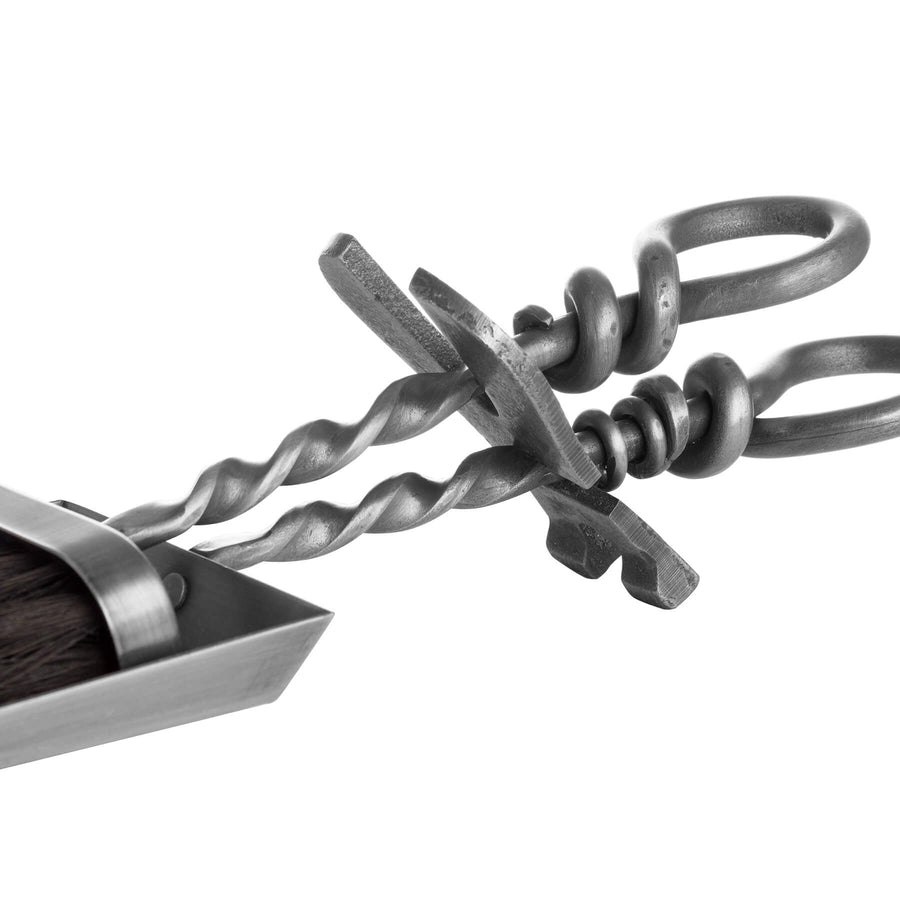 Handcrafted silver hearth set with twisted handles, matching brush and shovel, Victorian-inspired steel fireplace tools by Sostter at brixbailey.com