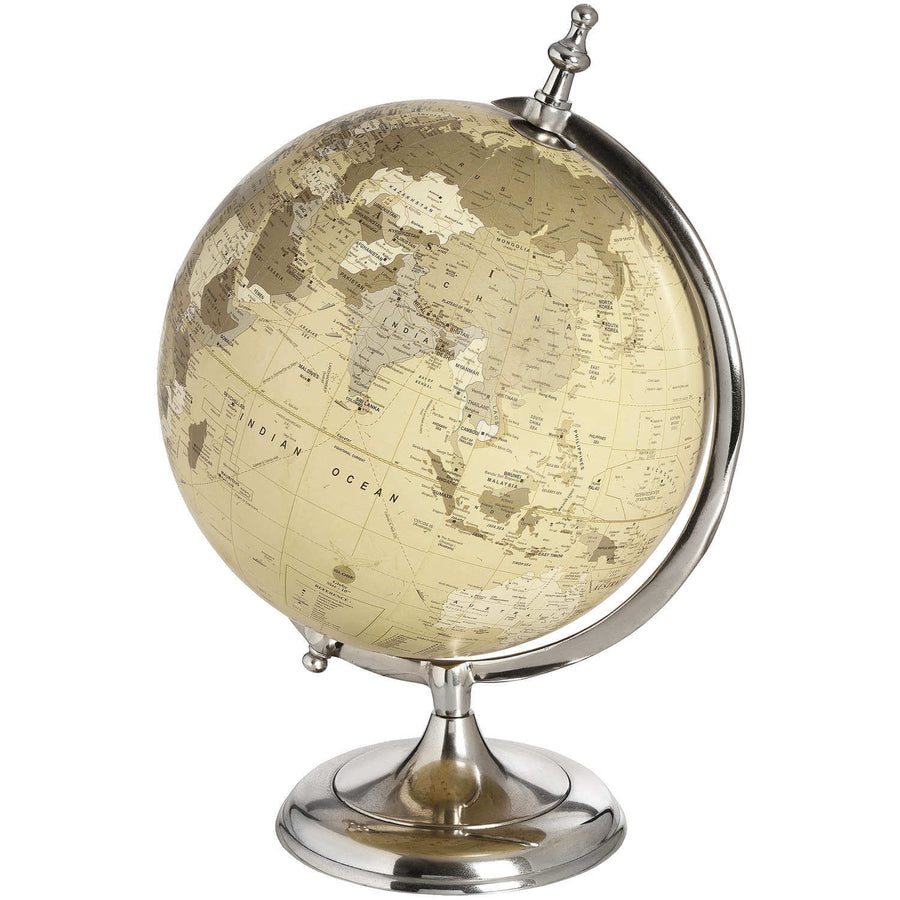 Chrome desktop globe with vintage map on cream background, polished silver stand, 20cm diameter, elegant office decor by Sostter at brixbailey.com