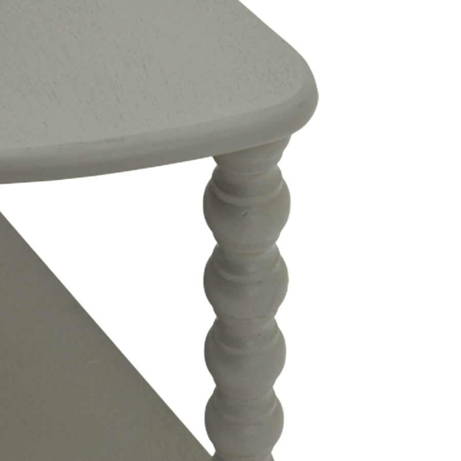 Camden three-tier wooden table in grey with elegant half-moon silhouette and graduated display shelves  by Sostter at brixbailey.com