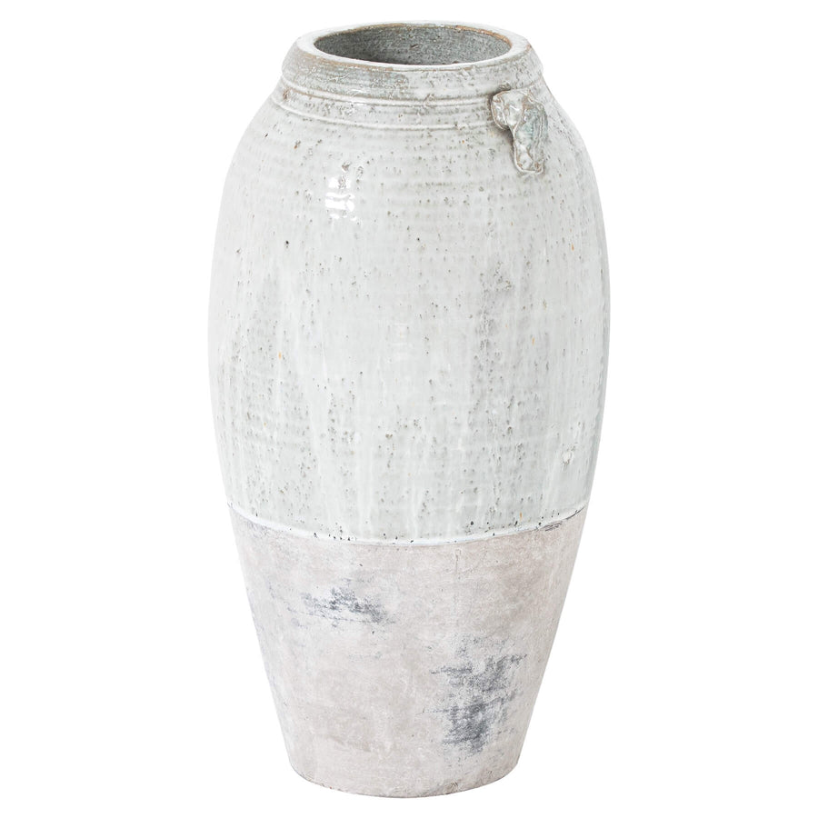 Handcrafted Grecian ceramic floor vase with aged finish, amphora silhouette, 43cm height, neutral decor accent. by Sostter at brixbailey.com