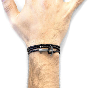 Coal Black Admiral Anchor Silver and Braided Leather Bracelet - Handcrafted British Elegance by ANCHOR & CREW at www.brixbailey.com
