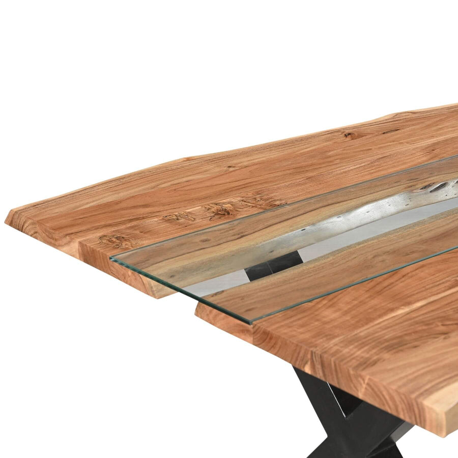 Live edge river dining table with acacia wood, glass center, and black steel legs â€“ modern rustic design for 6-8 people. by Sostter at brixbailey.com