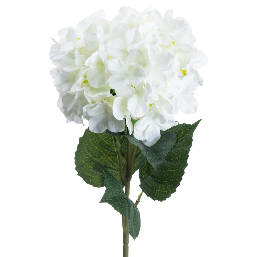 Lifelike white hydrangea silk flower stem, 70cm tall with full 18cm bloom, perfect for elegant home decor arrangements by Sostter at brixbailey.com