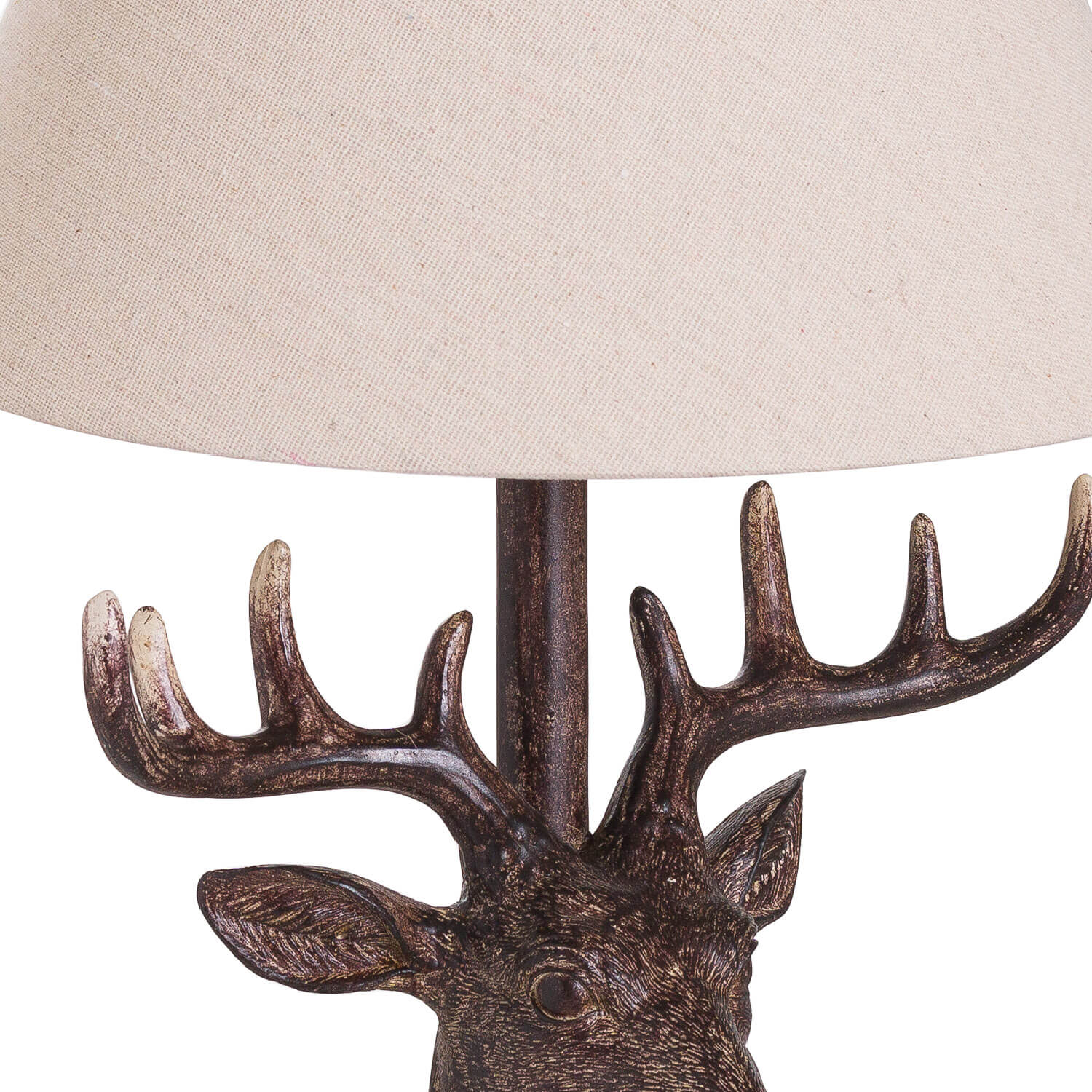 Handcrafted stag head table lamp with bronze resin base and natural linen shade, rustic home decor by Sostter at brixbailey.com