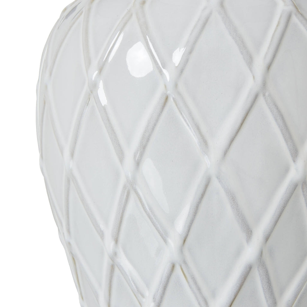 White ceramic ginger jar lamp with diamond pattern and linen shade, elegant home decor lighting by Sostter at brixbailey.com