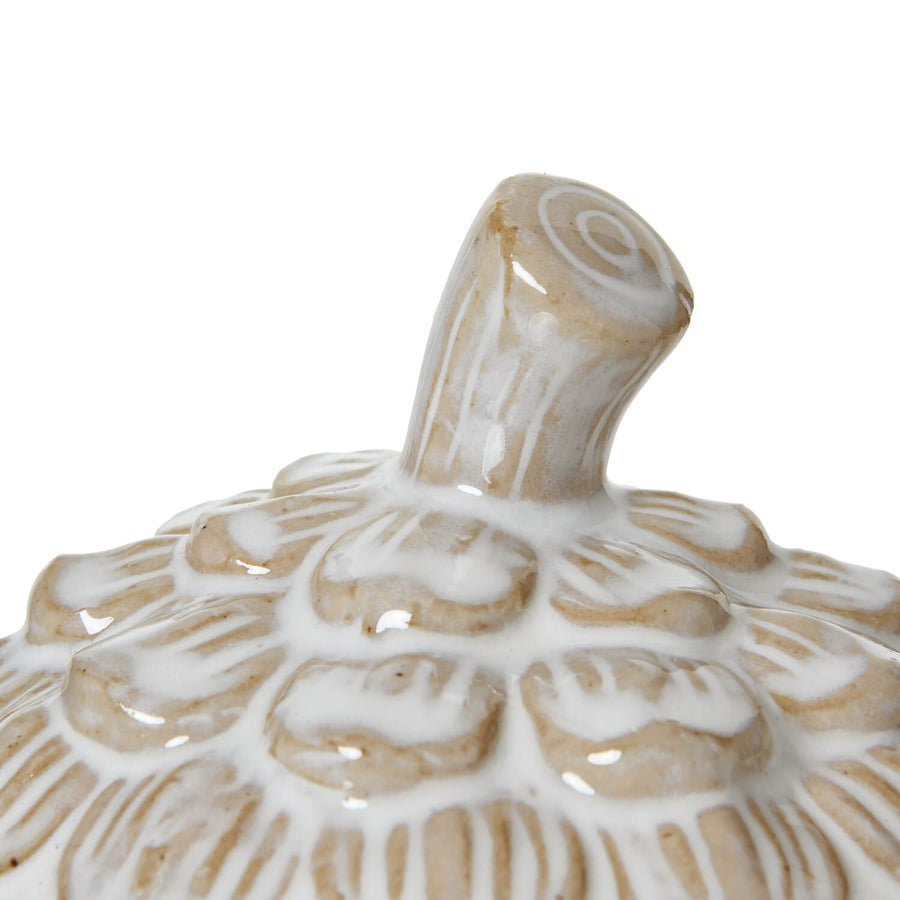 White ceramic pine cone trinket dish with removable lid, artisan-crafted for jewelry or decor by Sostter at brixbailey.com