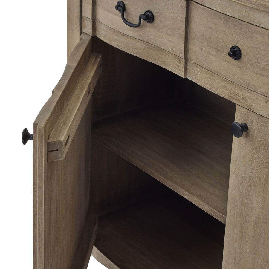 French-inspired bleached wood sideboard with black ironwork handles, modern storage for dining rooms by Sostter at brixbailey.com
