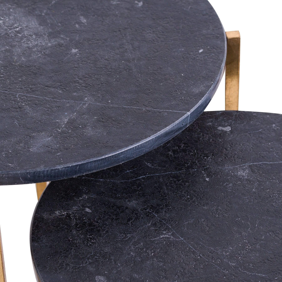 Black and gold marble nesting tables with elegant swirling patterns and metallic base, set of 2 by Sostter at brixbailey.com