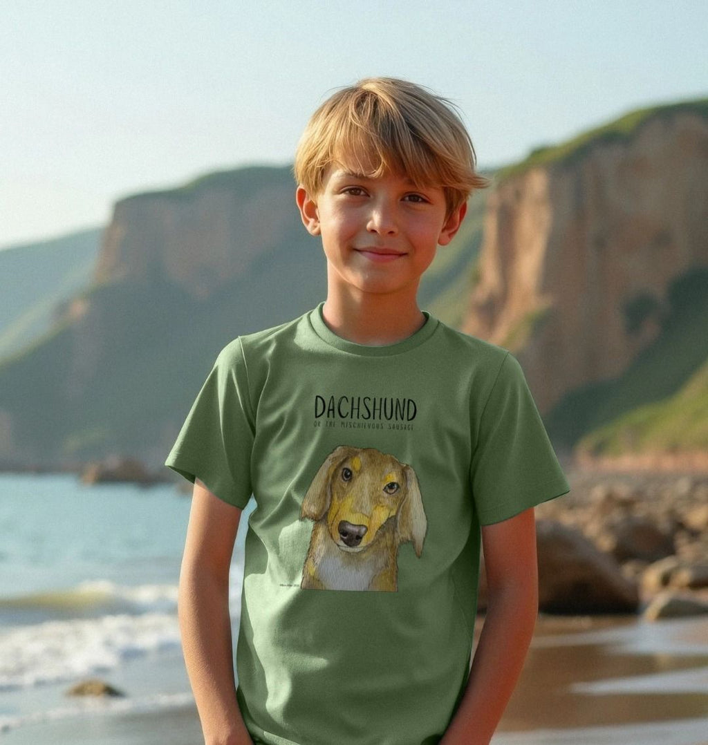 Mischievous Long Haired Hot Dog Kids' T-Shirt – Small Pup, Big Attitude!