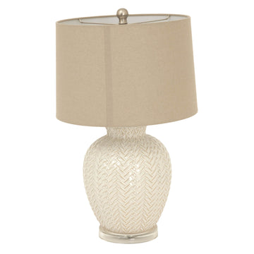 Handcrafted white ceramic table lamp with twill weave texture and linen shade for warm ambient lighting. by Sostter at brixbailey.com