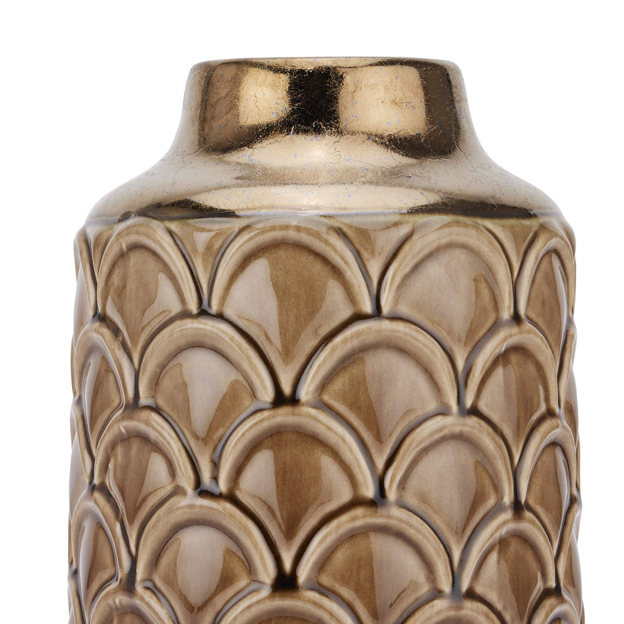 Handcrafted caramel ceramic vase with scalloped edges and textured glaze, 28cm tall, for modern home decor. by Sostter at brixbailey.com