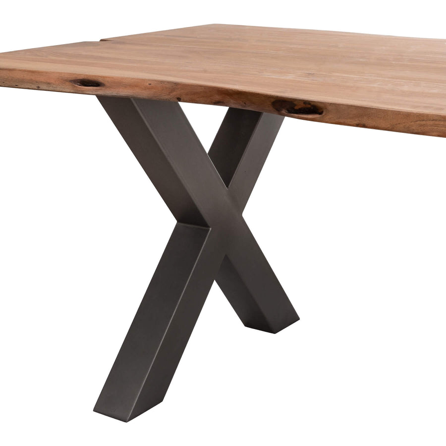 Handcrafted acacia wood live edge dining table with grey metal legs, natural brown wood grain, modern rustic design. by Sostter at brixbailey.com
