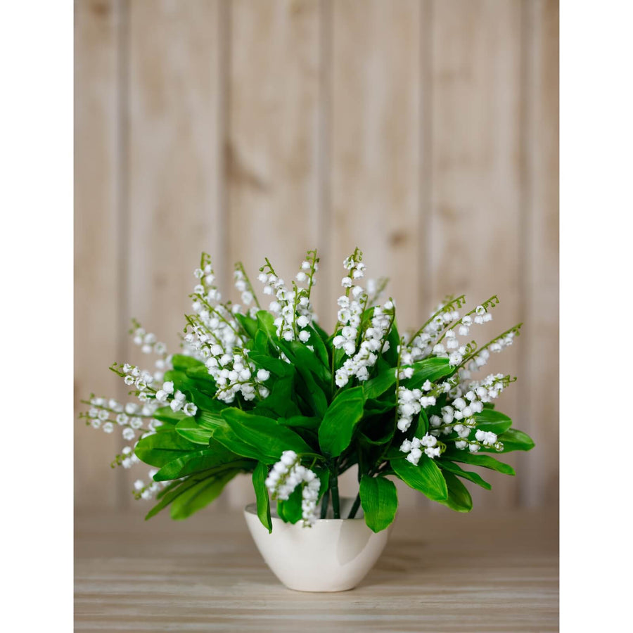 Lifelike white Lily of the Valley artificial flowers with green foliage in a 32cm arrangement for home decor by Sostter at brixbailey.com