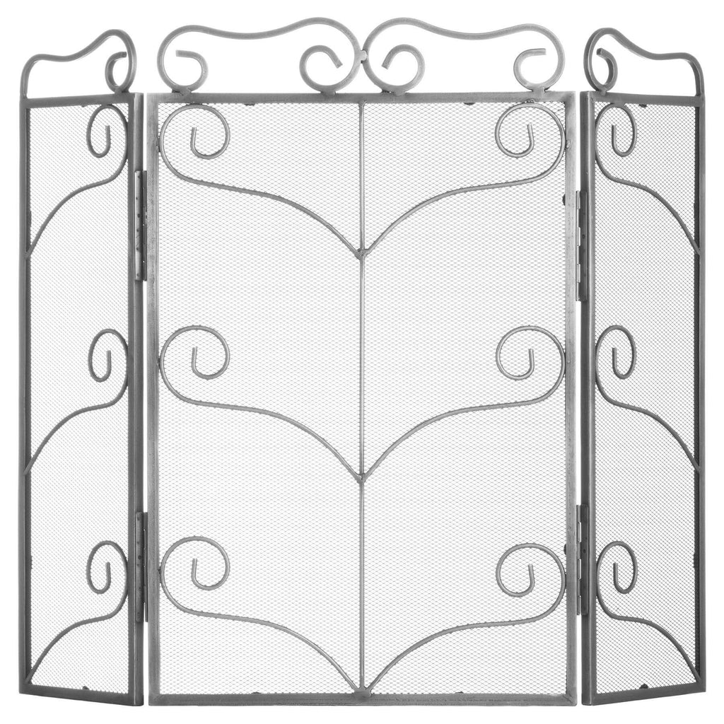 Antique silver fire screen with ornate scrollwork and leaf motifs, three-panel design, 75cm height, premium metal finish. by Sostter at brixbailey.com