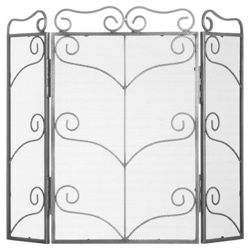 Antique silver fire screen with ornate scrollwork and leaf motifs, three-panel design, 75cm height, premium metal finish. by Sostter at brixbailey.com