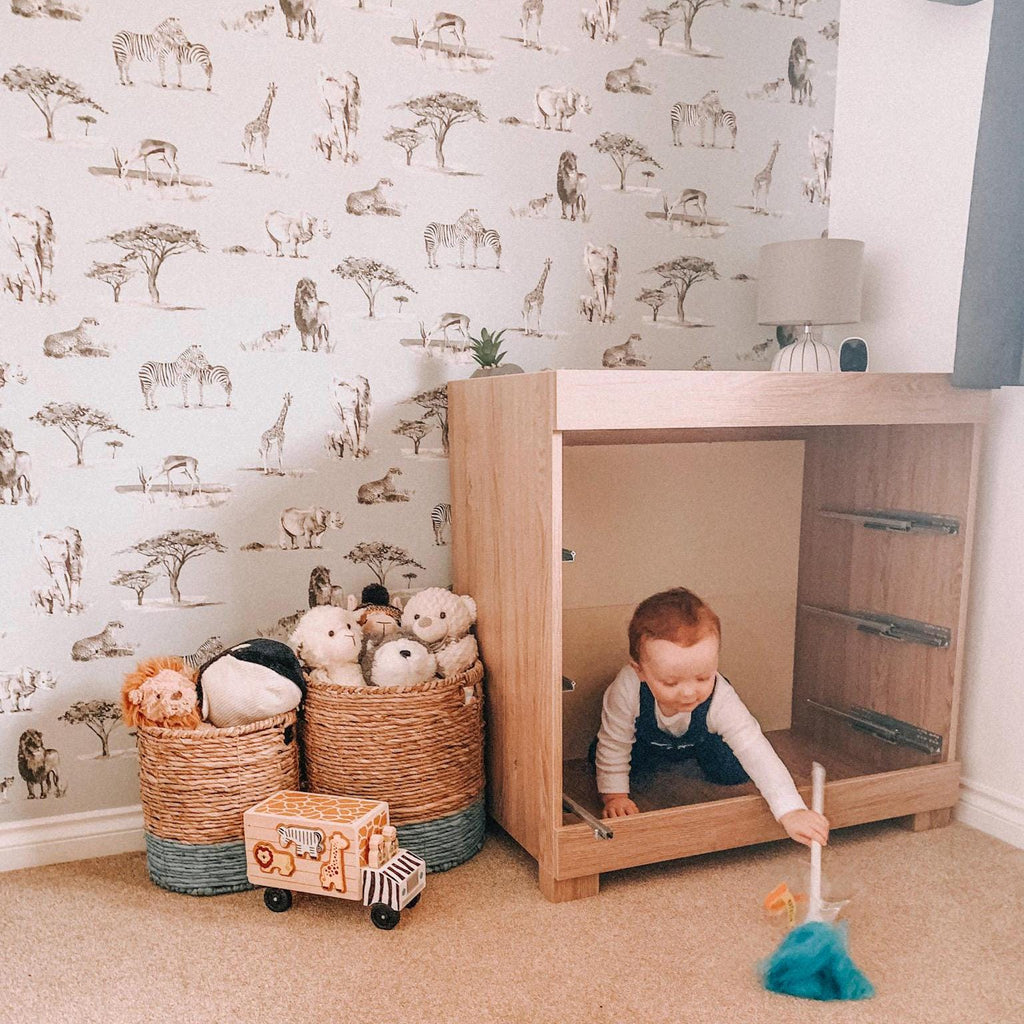 Safari Animals Hand-Designed Children's Wallpaper - Blue, Cream and Grey Colour Options