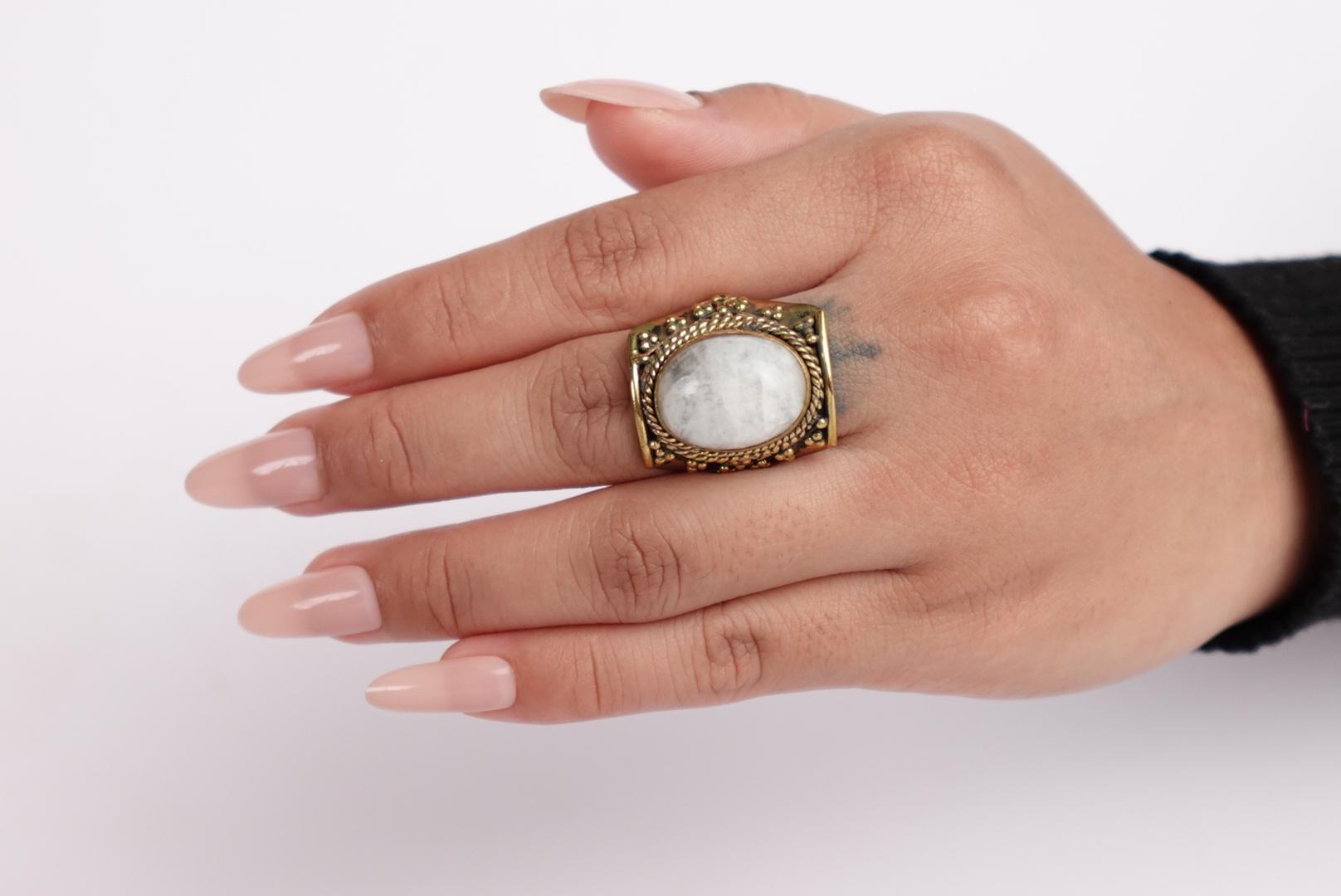 Vintage Brass Ring with White Moonstone – Ethereal Boho Statement.