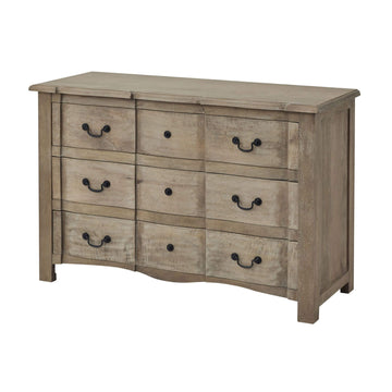French provincial bleached wood chest with black iron handles, three spacious drawers, and washed brown finish for modern storage by Sostter at brixbailey.com