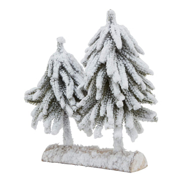 Snow-dusted fir tree duo on wooden base, perfect for winter decor and holiday centerpieces by Sostter at brixbailey.com