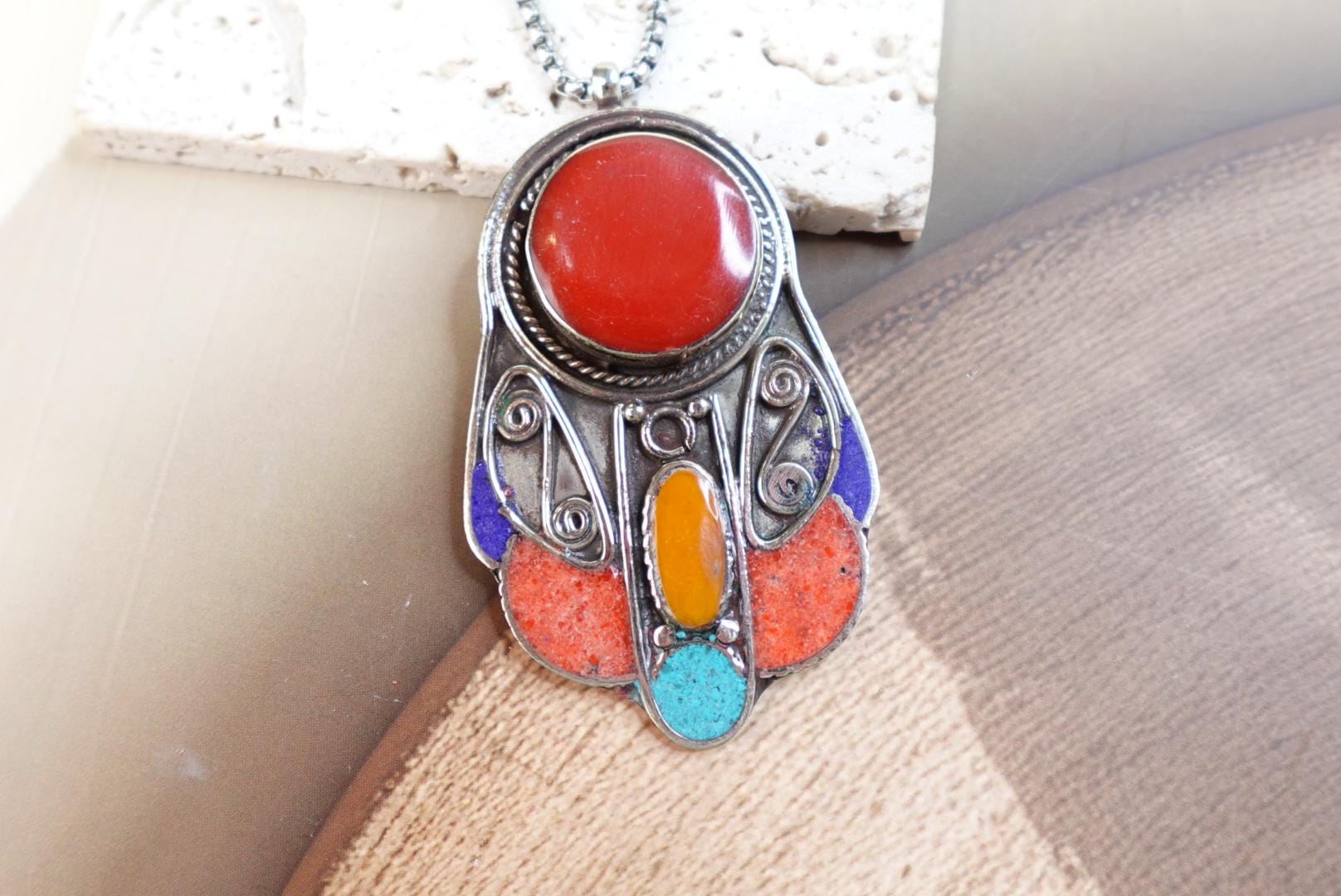Traditional Tibetan pendant-Natural Coral Turquoise Jewellery-Natural Stones.