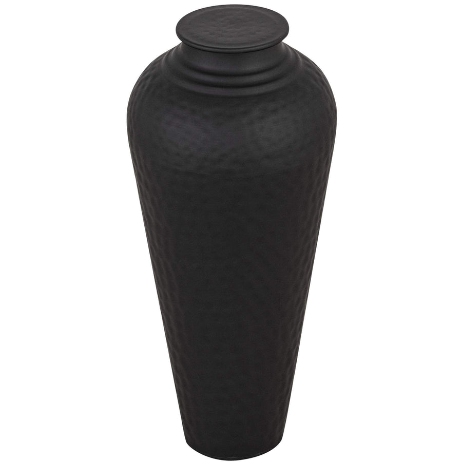 Handcrafted hammered steel vase in matte black with removable lid, 41cm tall, artisan texture for modern decor by Sostter at brixbailey.com