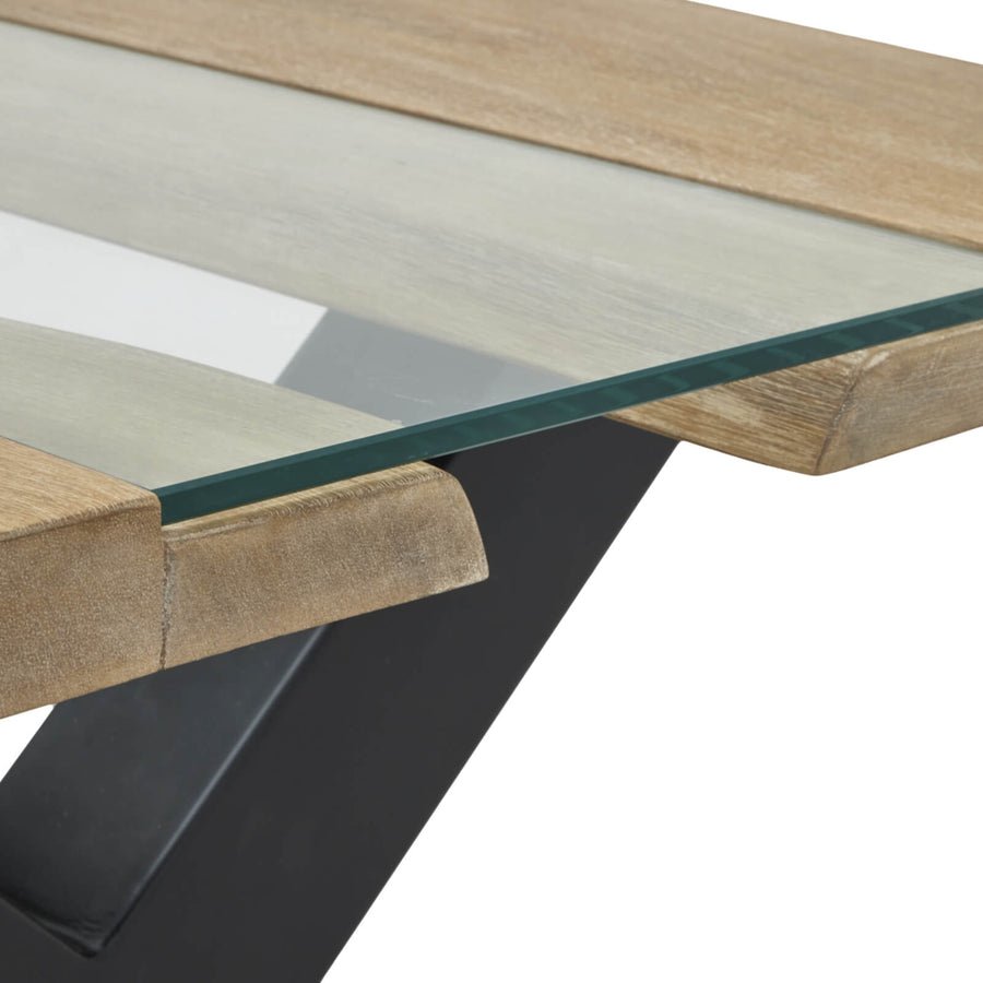 Live edge coffee table with acacia wood and clear resin inlay, natural wood tones with black accents, modern rustic design by Sostter at brixbailey.com