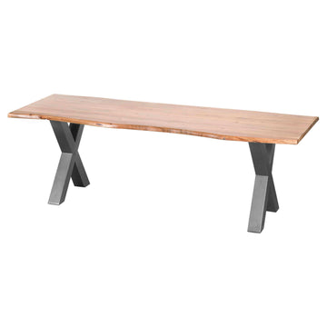 Handcrafted acacia wood dining table with live edge and metal frame, seats 8, natural brown with grey industrial base by Sostter at brixbailey.com