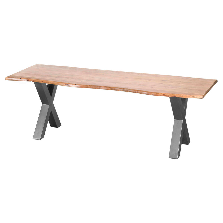Handcrafted acacia wood dining table with live edge and metal frame, seats 8, natural brown with grey industrial base by Sostter at brixbailey.com