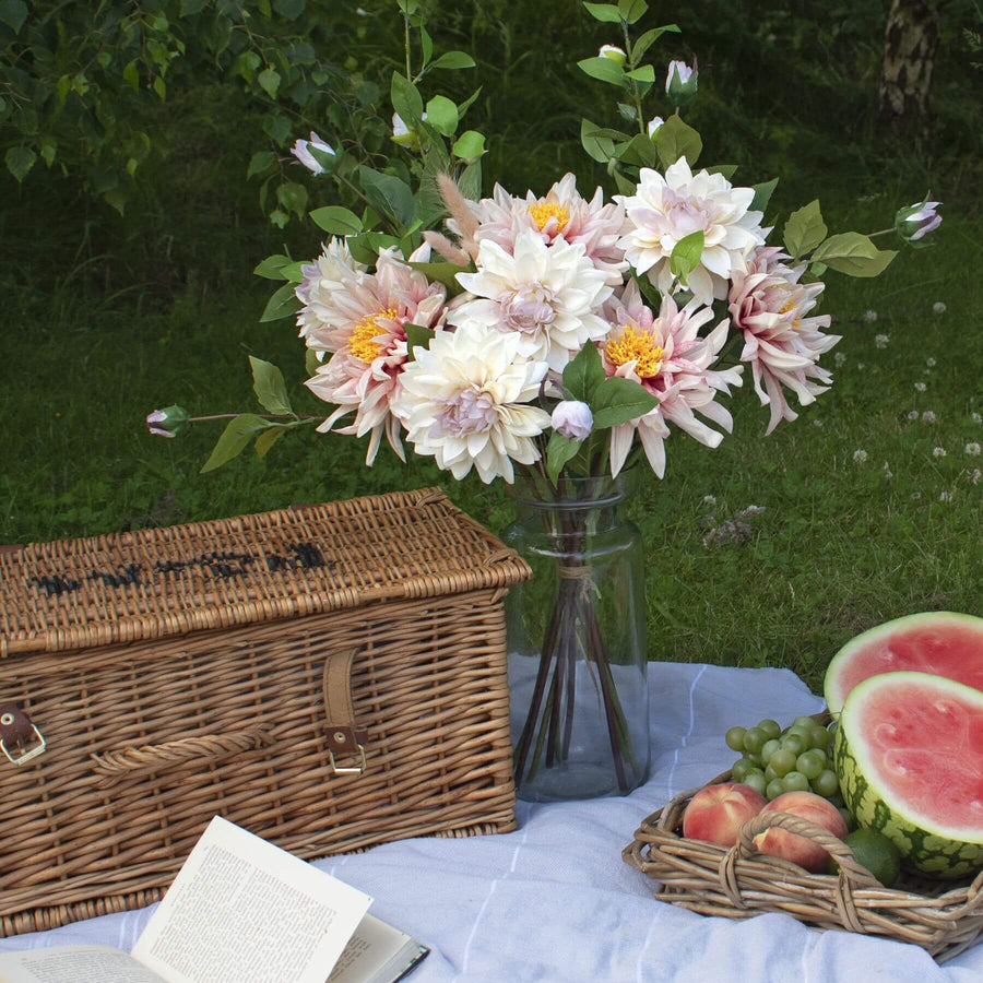 Pink artificial dahlia stem with lifelike petals, 70cm tall, soft romantic hue for home decor by Sostter at brixbailey.com