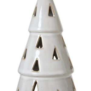 Handcrafted white ceramic LED light tree with geometric cut-outs, casting warm ambient glow for home decor by Sostter at brixbailey.com