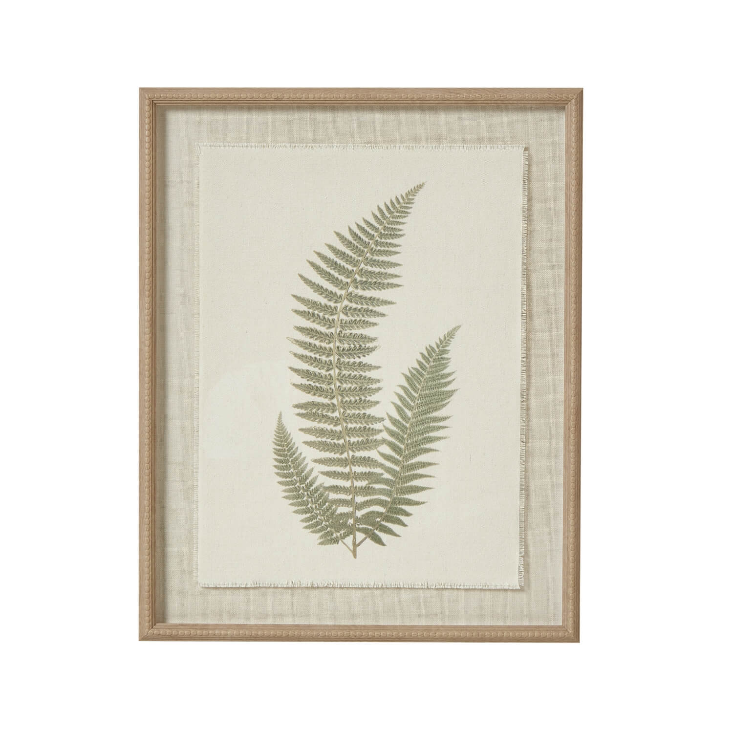 Handcrafted fern art print in sage and white with ornate champagne beaded frame, 50x40cm botanical wall decor by RoomLondon at brixbailey.com
