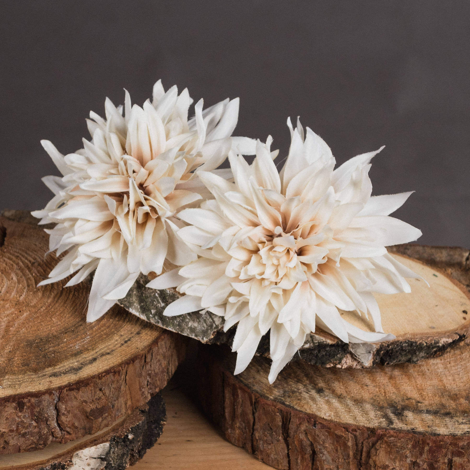 Cream artificial dahlia flower with warm orange tones, lifelike petals, and neutral cafÃ© au lait hues for home decor. by Sostter at brixbailey.com