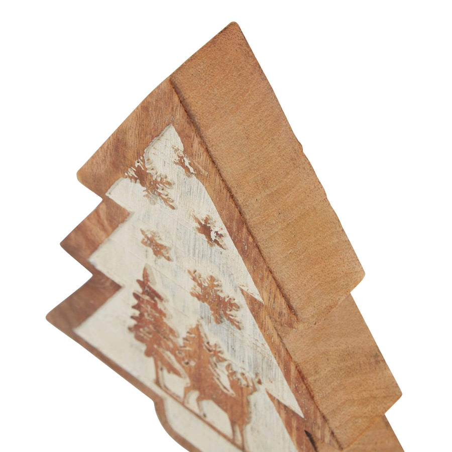 Handcrafted wooden winter forest dÃ©cor with snow-laden trees, natural wood grain, and 3D carved design. by Sostter at brixbailey.com