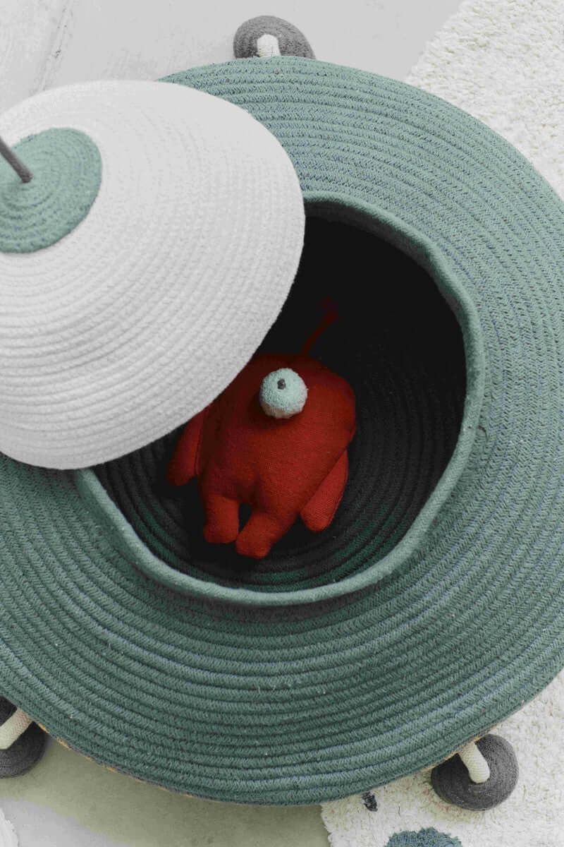 Next stop: Mars! Visit another planet with the UFO Basket and its friendly mini fabric alien! - Handcrafted & Eco-friendly by Lorena Canals at www.brixbailey.com