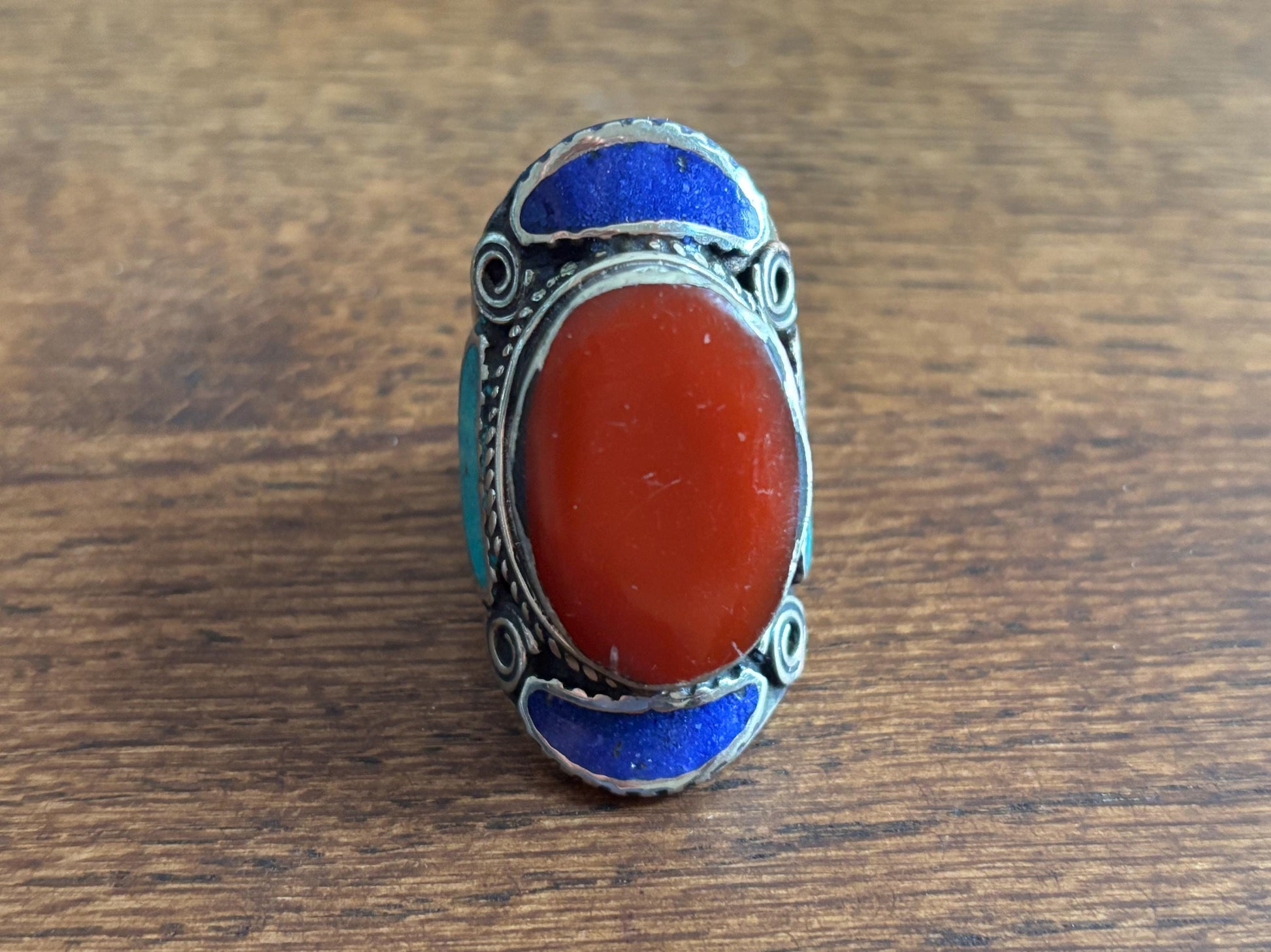 Large Ethnic Tibetan Silver Rings, Turquoise, Coral & Lapis Inlay Rings.