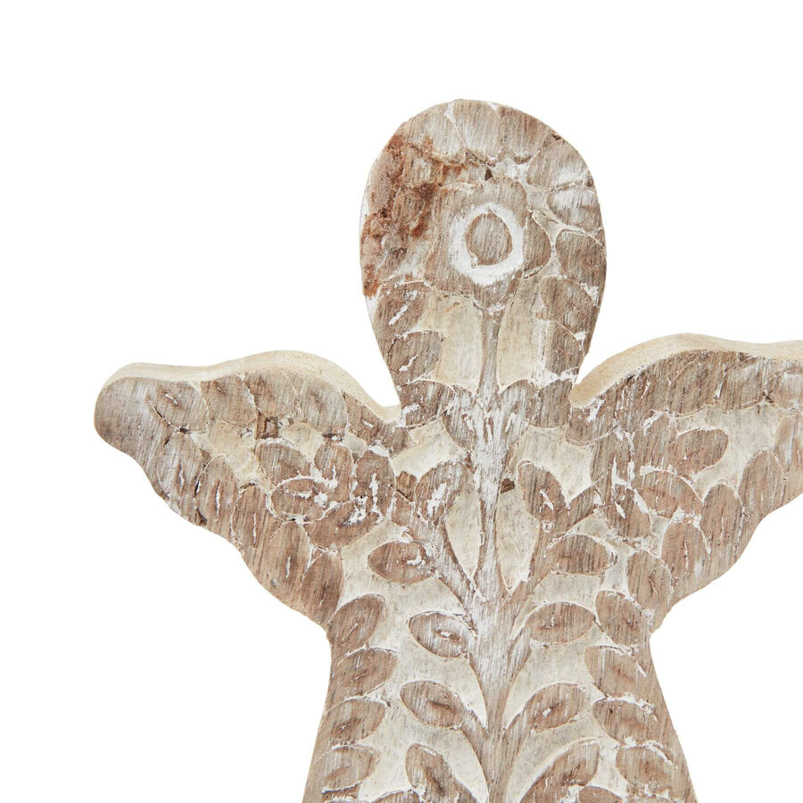 Handcrafted whitewashed wood angel decor with intricate details, neutral tones for modern or vintage interiors. by Sostter at brixbailey.com